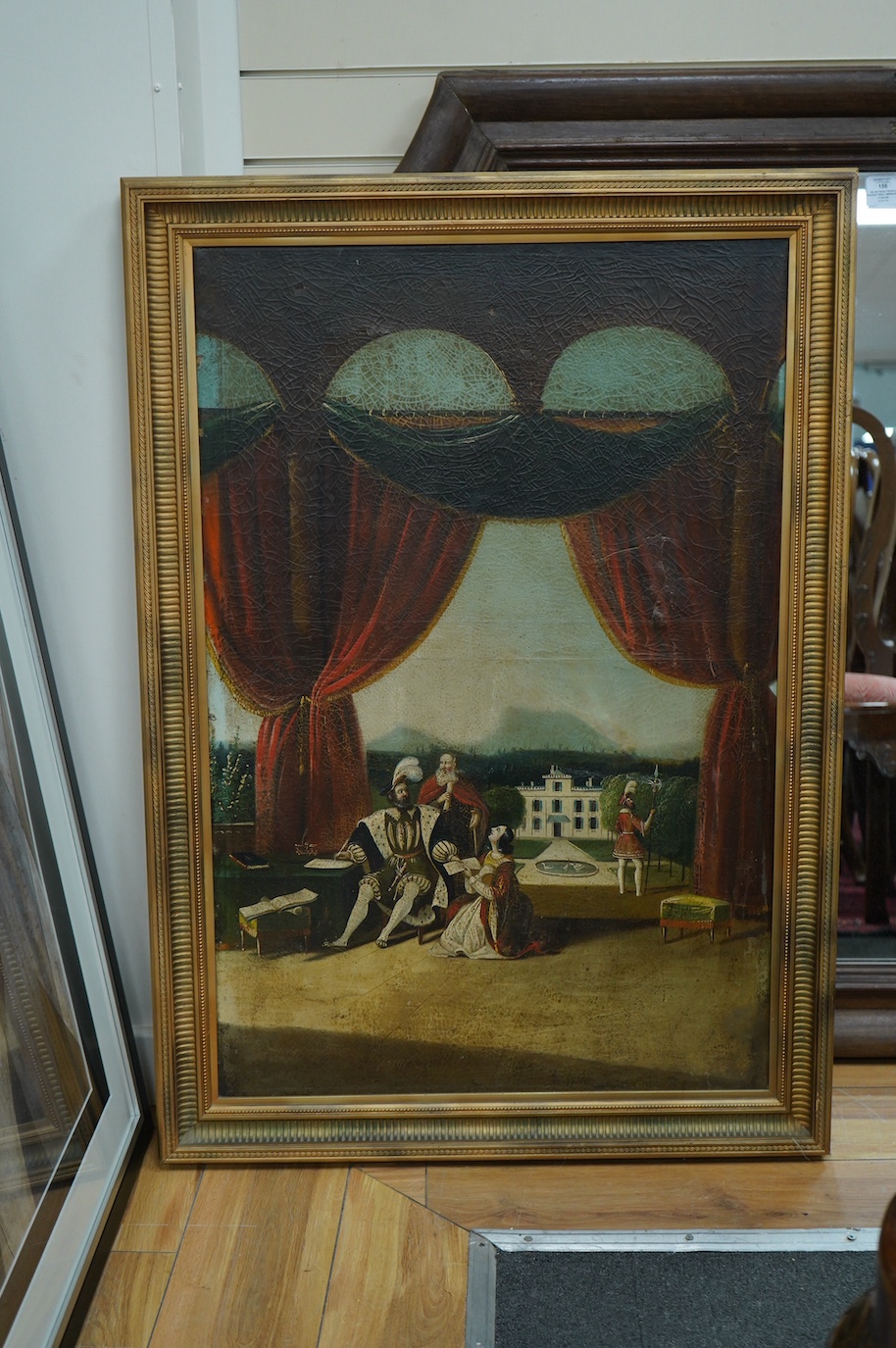 19th century, oil on canvas, Theatrical figures on a terrace, unsigned, 90 x 60cm. Condition - poor